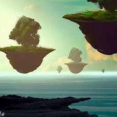 Create an image of a surreal landscape with three floating islands.