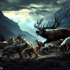 Render an epic battle between a pack of wolves and a herd of majestic elk in the rugged terrain of Banff National Park