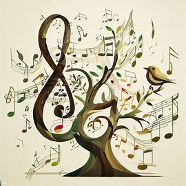 A whimsical composition of music notes in the shape of a tree, with branches and leaves, and a bird sitting on a branch.. Image 2 of 4