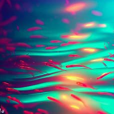 Create a surreal masterpiece featuring a school of krill swimming in a bright neon ocean.