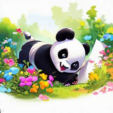 Draw a picture of a mischievous panda playing in a garden of colorful flowers.