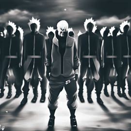 Create an image of Boruto standing in front of his team of ninjas.. Image 3 of 4