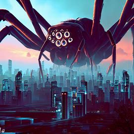 Visualize a futuristic cityscape with a giant tarantula towering over the metropolis, its multiple eyes scanning the skyline.. Image 2 of 4