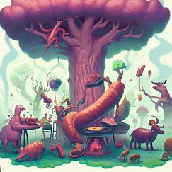 Illustrate a world where meat grows on trees, and creatures of all shapes and sizes enjoy a never-ending BBQ