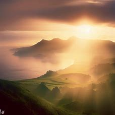Depict a magical, ethereal landscape of the Azores at sunset, with the sun casting a warm glow over the entire island.