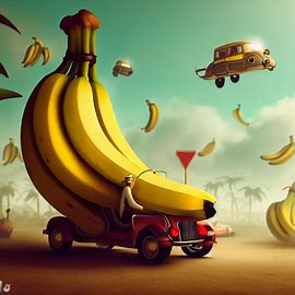 Create a whimsical world where bananas have taken over and become the main form of transportation.. Image 3 of 4