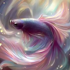 Paint an ethereal portrait of a betta fish, surrounded by glittering light and soft, flowing water.