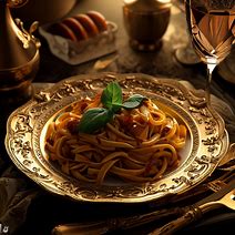 Generate an image of the most amazing pasta recipe that you have ever seen, served in a beautiful and elegant place setting.