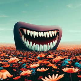 A field of flowers with a huge, toothy grin in the middle.