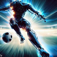 Create an image of a futuristic, robotic football player in action.