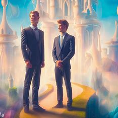 Create an elegant and surreal self-portrait of James Hewitt and Prince Harry, standing in a dreamlike world filled with impossible archite