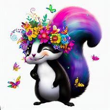 Create an image of a colorful and whimsical skunk with a flower crown and butterflies flying around it.