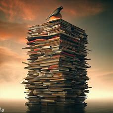 Visualize a massive tower of books that rises highest with a bird's nest of knowledge at the top.