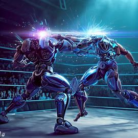 Create an image of a futuristic wrestling match where the fighters have unique robotic enhancements.. Image 2 of 4