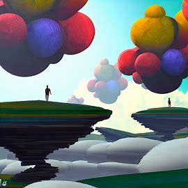 Design a surreal landscape with floating islands formed by stacks of colorful softballs.. Image 4 of 4