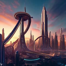 Imagine a futuristic city with a towering roller coaster that offers breathtaking views of the skyline.. Image 4 of 4