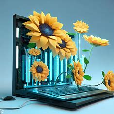 Render an image of a computer that is fully powered by sunflowers and their energy