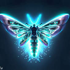 Create a futuristic version of a moth with glowing wings and other high-tech features.
