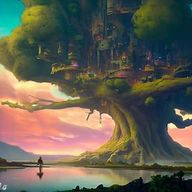 surreal landscape that features a floating city built into a massive, whimsical tree.. Image 4 of 4