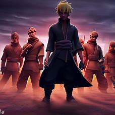 Create an image of Boruto standing in front of his team of ninjas.