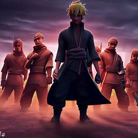 Create an image of Boruto standing in front of his team of ninjas.. Image 1 of 4