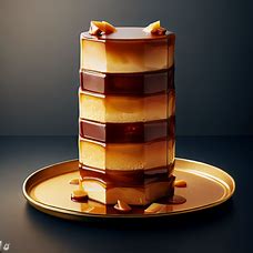 Create an image of a tall and decadent flan tower, filled with layers of caramel and served on a golden plate.