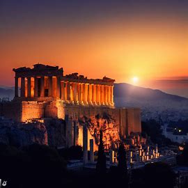 Generate a breathtaking view of the Acropolis at dawn, with the sun just starting to rise over the temple of Athena.. Image 4 of 4