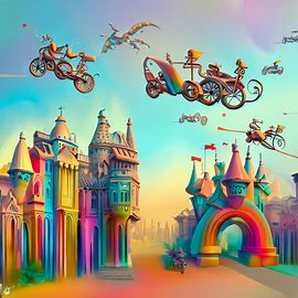 Imagine a whimsical interpretation of the architecture of Barcelona, featuring flying bikes and rainbow-colored buildings.. Image 4 of 4