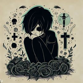 Design an illustration of a sad and brooding emo character surrounded by roses and other symbols of death.. Image 1 of 4