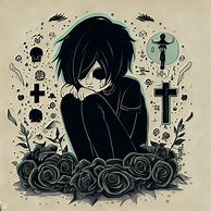 Design an illustration of a sad and brooding emo character surrounded by roses and other symbols of death.
