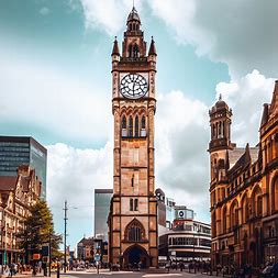 An old manchester clock tower standing tall and proud in the center of the bustling city