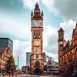 An old manchester clock tower standing tall and proud in the center of the bustling city