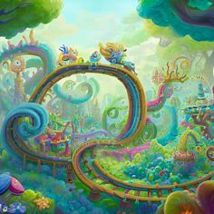 Design a whimsical roller coaster that winds its way through a magical forest filled with colorful creatures and fanciful landscapes.