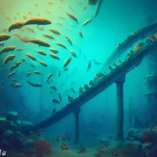 Create an image of an underwater roller coaster that takes riders through schools of colorful fish and past ancient underwater ruins.