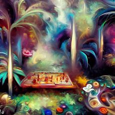 Create an abstract representation of backgammon set in a fantastical garden.