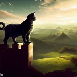Create an image of a majestic cat standing atop a castle, gazing over a kingdom of rolling hills.. Image 3 of 4