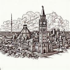 Draw an intricate and detailed illustration of the famous landmarks in Ottawa such as the Parliament Hill and the Peace Tower.