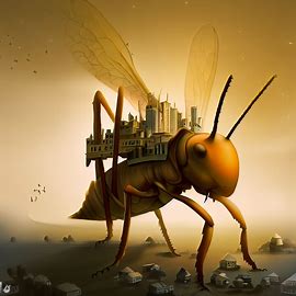 Design a scene with a giant cricket holding a tiny city on its back. Image 2 of 4