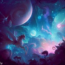 Illustrate a magical view of the universe, where mythical creatures and celestial bodies coexist in harmony.