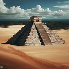 Picture Chichen Itza in the middle of a sweeping desert landscape, surrounded by fascinating and intricate sand dunes.