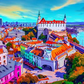 Imagine a colorful bird's eye view of the Bratislava fortress and Old Town Square against the backdrop of the Danube River.. Image 3 of 4