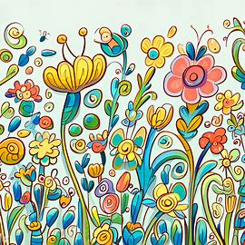 Draw a vibrant, whimsical flower garden full of colorful blooms and playful creatures.. Image 4 of 4