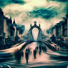 Create an image of Dublin's iconic O'Connell Bridge in the middle of a bustling street scene.