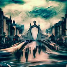 Create an image of Dublin's iconic O'Connell Bridge in the middle of a bustling street scene.