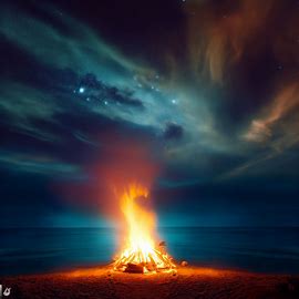 A night sky with a magical local bonfire on the beach surrounded by a warm, enticing glow. Image 4 of 4