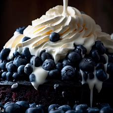 Make an image of a blueberry cake with fresh blueberries spilling over the sides, topped with a generous scoop of whipped cream.