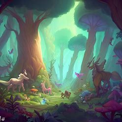 Depict a magical forest filled with towering trees and various creatures such as unicorns and fairies.