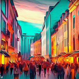 Create a unique and vibrant street scene in the heart of Oslo, Norway, featuring colorful buildings and bustling crowds of people.. Image 3 of 4