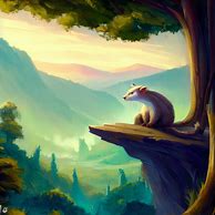 Illustrate a gorgeous landscape painting with a wise old opossum perched atop a cliff overlooking a peaceful valley surrounded by tall trees.