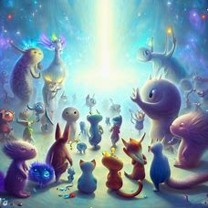 Render a charming and one-of-a-kind picture of a gathering of creatures, natives of different worlds, using their abilities to say "Thank You" to the universe.